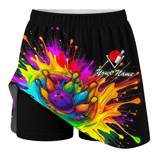 Maxcorners Customized Bowling Trouser Skirts With Shorts Underneath, Bowling Rainbow Bowling Blast Colorful Skorts With Pockets