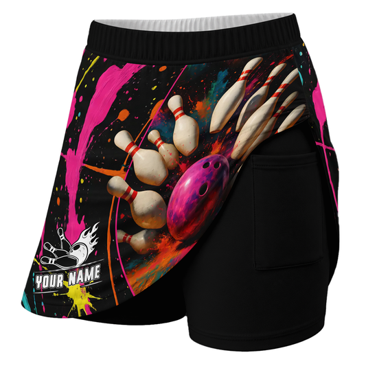 Maxcorners Customized Bowling Trouser Skirts With Shorts Underneath, Bowling Multicolor Splash Skorts With Pockets