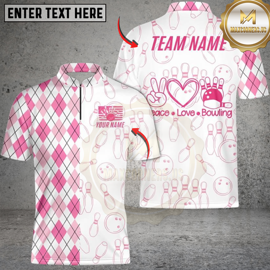 Maxcorners Argyle Bowling Peace Love Personalized Name, Team Name 3D Shirt