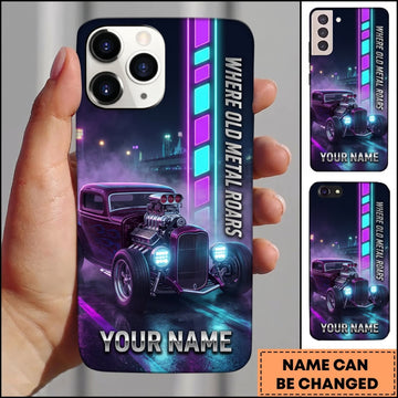 Maxcorners Hot Rod Purple Classic Car with Neon City Lights and Electric Blue Glow Personalized Name 3D Phone Case