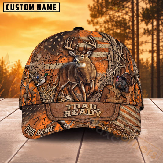 Maxcorners Whitetail Deer Hunting Orange Camo American Flag Trail Ready Personalized Name 3D Cap