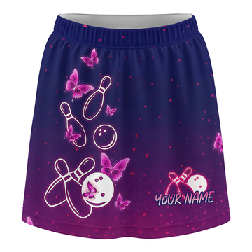 Maxcorners Customized Bowling Trouser Skirts With Shorts Underneath, Bowling Navy Pink Neon Butterfly Skorts With Pockets
