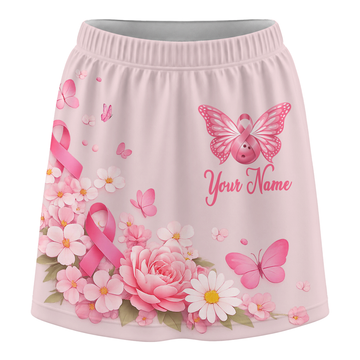 Maxcorners Customized Bowling Trouser Skirts With Shorts Underneath, Bowling Pink Ribbon Butterfly Flower With Pockets