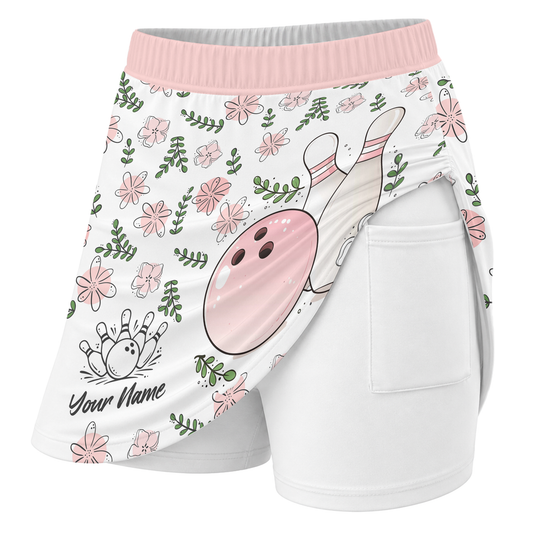 Maxcorners Customized Bowling Trouser Skirts With Shorts Underneath, Bowling Pink Floral White Pastel With Pockets