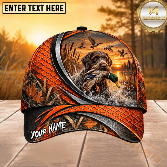 Maxcorners Dog Hunting And Duck Orange Black Curved Stripe Marsh Sunset Scene Multiple Options Personalized Name 3D Cap