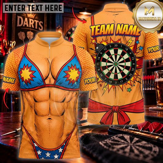 Maxcorners Darts Funny Muscular Body Blue Orange Bikini Golden Dartboard Personalized Name 3D Unisex Shirt