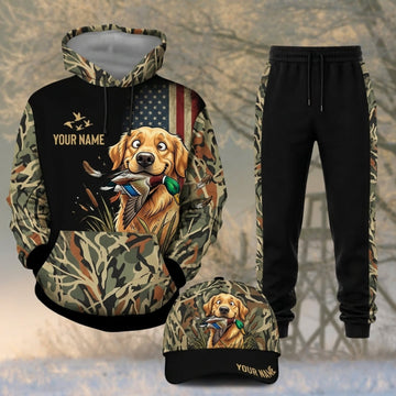 Maxcorners Duck Hunting Cartoon Retriever American Flag Black Personalized 3D Shirts