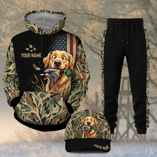Maxcorners Duck Hunting Cartoon Retriever American Flag Black Personalized 3D Shirts