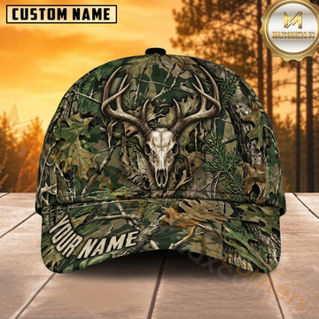 Maxcorners Deer Hunting Whitetail Buck Centered Antler Skull Green Woodland Camo Customized Name 3D Cap