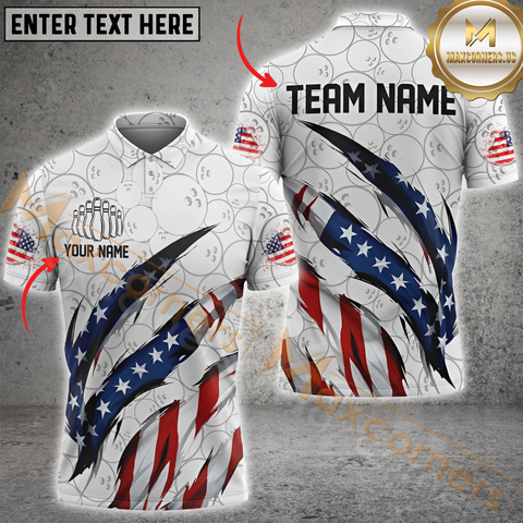 Maxcorners US Flag Ball Pattern Bowling Jersey Customized Name, Team Name 3D Polo Shirt