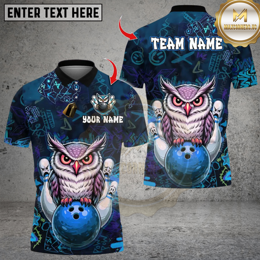Maxcorners Bowling Owl Bowling With Pins Graffity Personalized Name, Team Name Unisex Shirt (4 Colors)