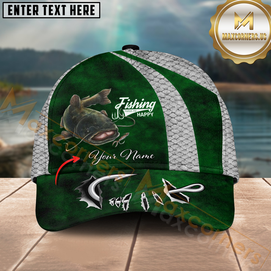 Maxcorners Catfish Fishing Green Scale Stripe Design Personalized Name 3D Cap