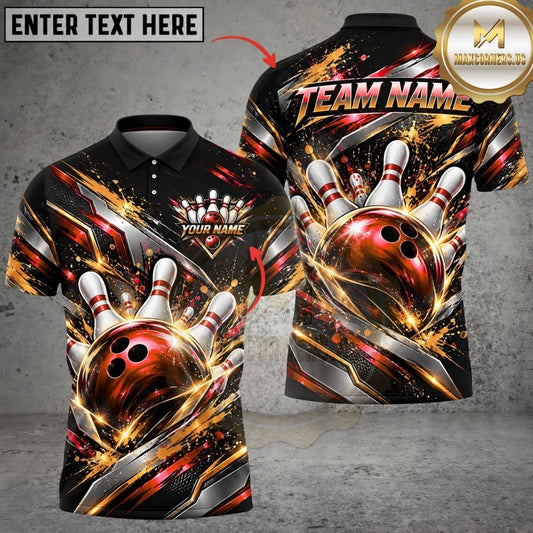 Maxcorners Bowling Metallic Dynamic Curved Waves Energy Motion Pins Strike Artwork Multicolor Customized Name, Team Name 3D Shirts