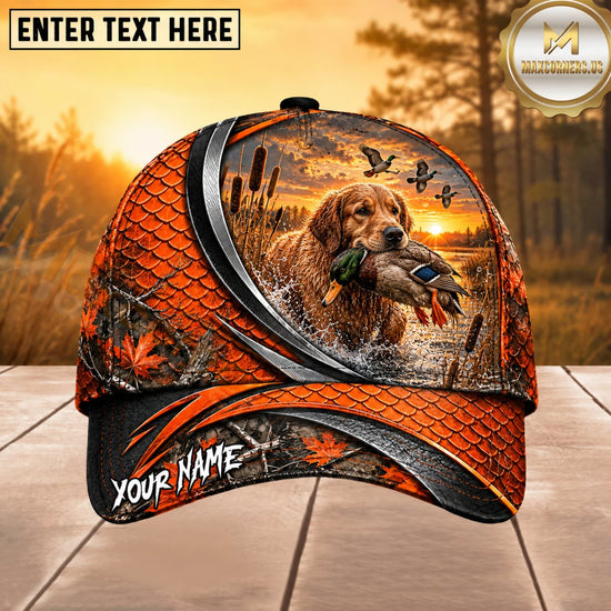 Maxcorners Dog Hunting And Duck Orange Black Curved Stripe Marsh Sunset Scene Multiple Options Personalized Name 3D Cap