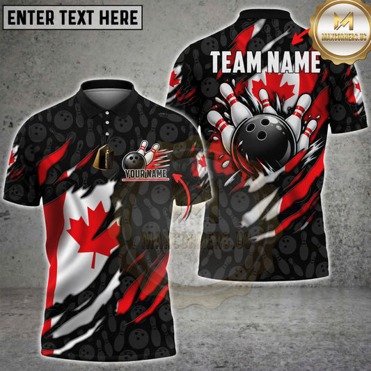 Maxcorners Bowling Ball & Pin Canada Flag Flame Graphic Customized Name, Team Name 3D Shirts