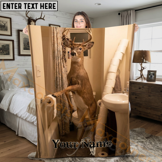 Maxcorners Funny Whitetail Deer Caught Using Bathroom Toilet Personalized 3D Blanket