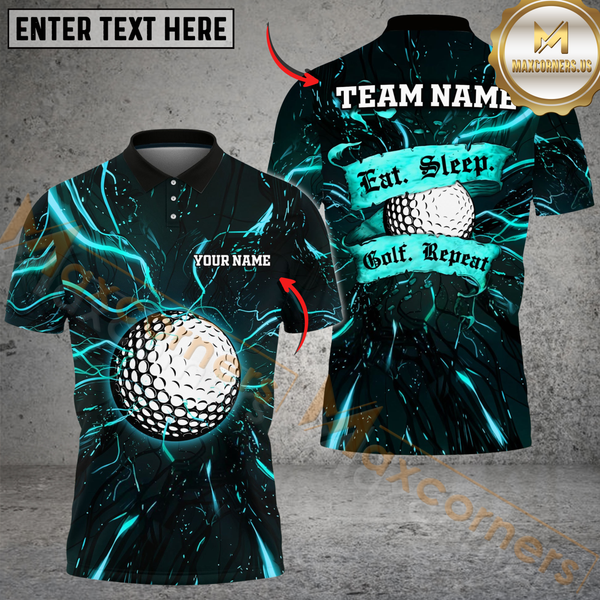 Maxcorners Electric Golf Repeat Funny Golf Polo Shirt, Customized Name & Team Name 3D Shirts (4 Colors)