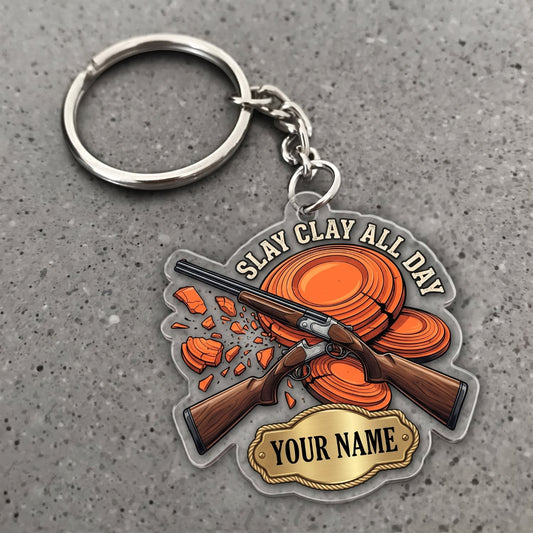 Maxcorners Clay Shooting Slay Clay All Day Shotgun And Broken Targets Customized Name 3D Keychain And Ornament