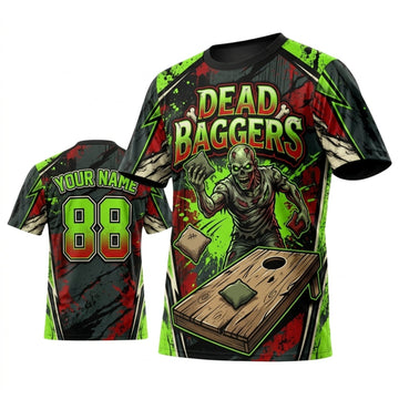 Maxcorners Cornhole Dead Baggers Red Green Skull Personalized Name 3D Unisex Shirt