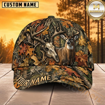 Maxcorners Deer Hunting Whitetail Buck Twin Buck and Skull Autumn Leaf Camo Customized Name 3D Cap