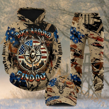 Maxcorners Hunting Deer Compass Turn Around Find Out Camo Personalized 3D Combo Hoodie, Sweatpants Set & Cap