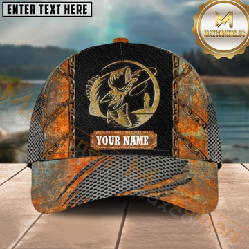 Maxcorners Bass Fishing Rustic Metal Panel Design Personalized Name 3D Cap
