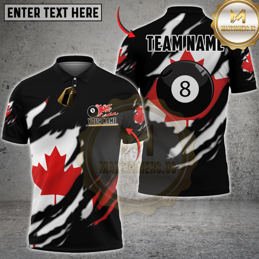 Maxcorners Billiards Sport Canada Maple Leaf Scratch Design Personalized Name 3D Unisex Shirt | Black