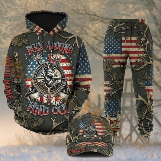 Maxcorners Hunting Patriotic Deer Antlers American Flag Camo Personalized 3D Combo Hoodie, Sweatpants Set & Cap