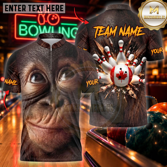 Maxcorners Bowling Chimpanzee Smile Canada Flag Pins Jersey Customized Name, Team Name 3D Shirts
