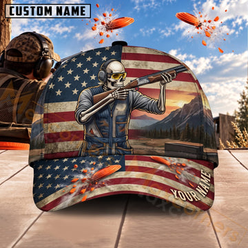 Maxcorners Trap & Skeet Shooting American Flag Skeleton Shooter Personalized Name 3D Cap