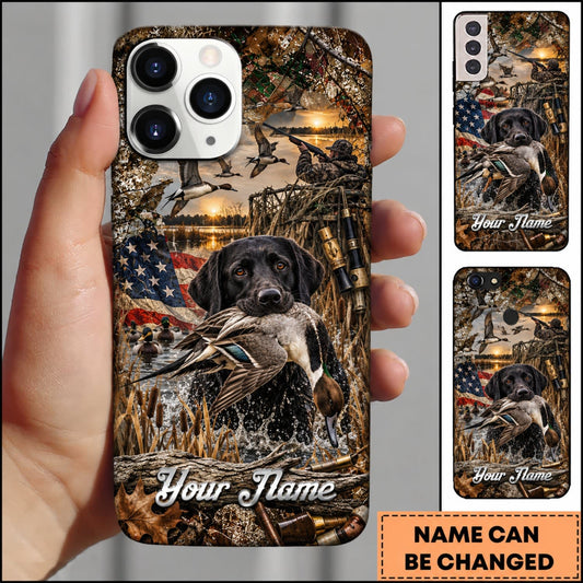 Maxcorners Duck Hunting Yellow Labrador Retriever American Flag Sunset Personalized Name 3D Phone Case - Black Labrador Retriever - Pintail