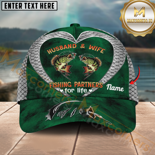 Maxcorners Bass Fishing Husband And Wife Heart Design Personalized Name 3D Cap