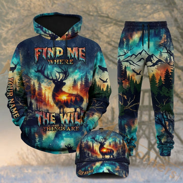 Maxcorners Hunting Find Me In The Wild Deer Mountain Sunset Camo Personalized 3D Combo Hoodie, Sweatpants Set & Cap