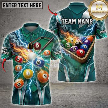 Maxcorners Billiards Emerald Green Lightning And Colorful Pool Balls Personalized Name 3D Unisex Shirt