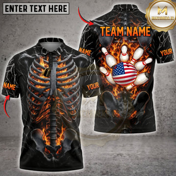 Maxcorners Bowling Flaming Skeleton American Flag Bowling Pins Personalized Name 3D Unisex Shirt