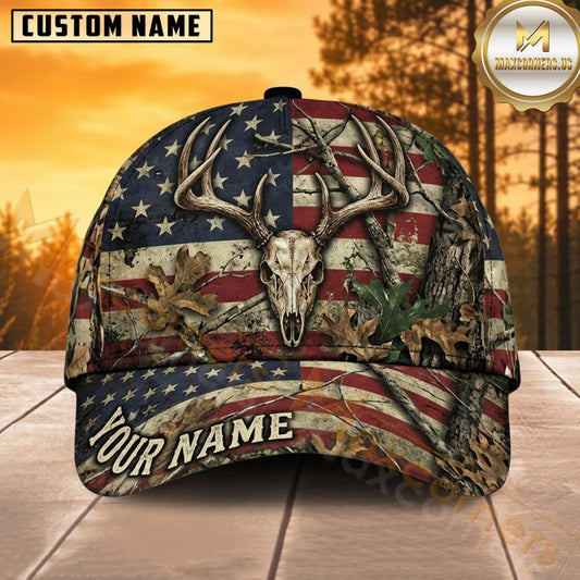 Maxcorners Deer Hunting Whitetail Buck American Flag and Trophy Skull Camo Customized Name 3D Cap