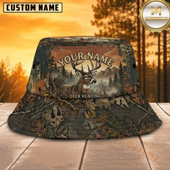 Maxcorners Deer Hunting Rustic Autumn Antler Personalized Name 3D Bucket Hat