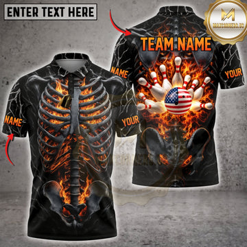 Maxcorners Bowling Fire Skeleton USA Patriotic Bowling Ball Personalized Name 3D Unisex Shirt