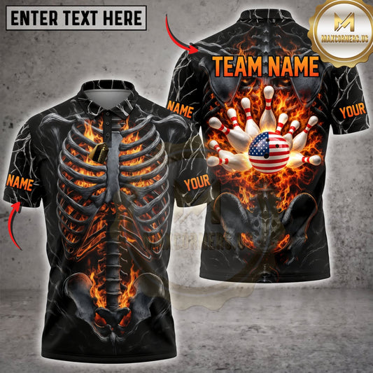 Maxcorners Bowling Fire Skeleton USA Patriotic Bowling Ball Personalized Name 3D Unisex Shirt