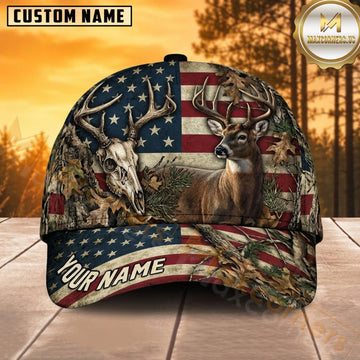 Maxcorners Deer Hunting Whitetail Buck Patriotic Buck and Skull Flag Camo Customized Name 3D Cap