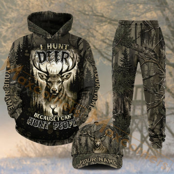 Maxcorners Hunting Deer Skull Hunt Outdoors Woodland Camo Personalized 3D Combo Hoodie, Sweatpants Set & Cap