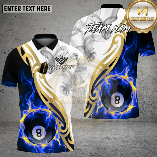 Maxcorners Billiards Shirt White Smoke Fire 8 Ball Gold Tribal Multicolor Options Personalized Name, Team Name 3D Shirt (4 Colors)