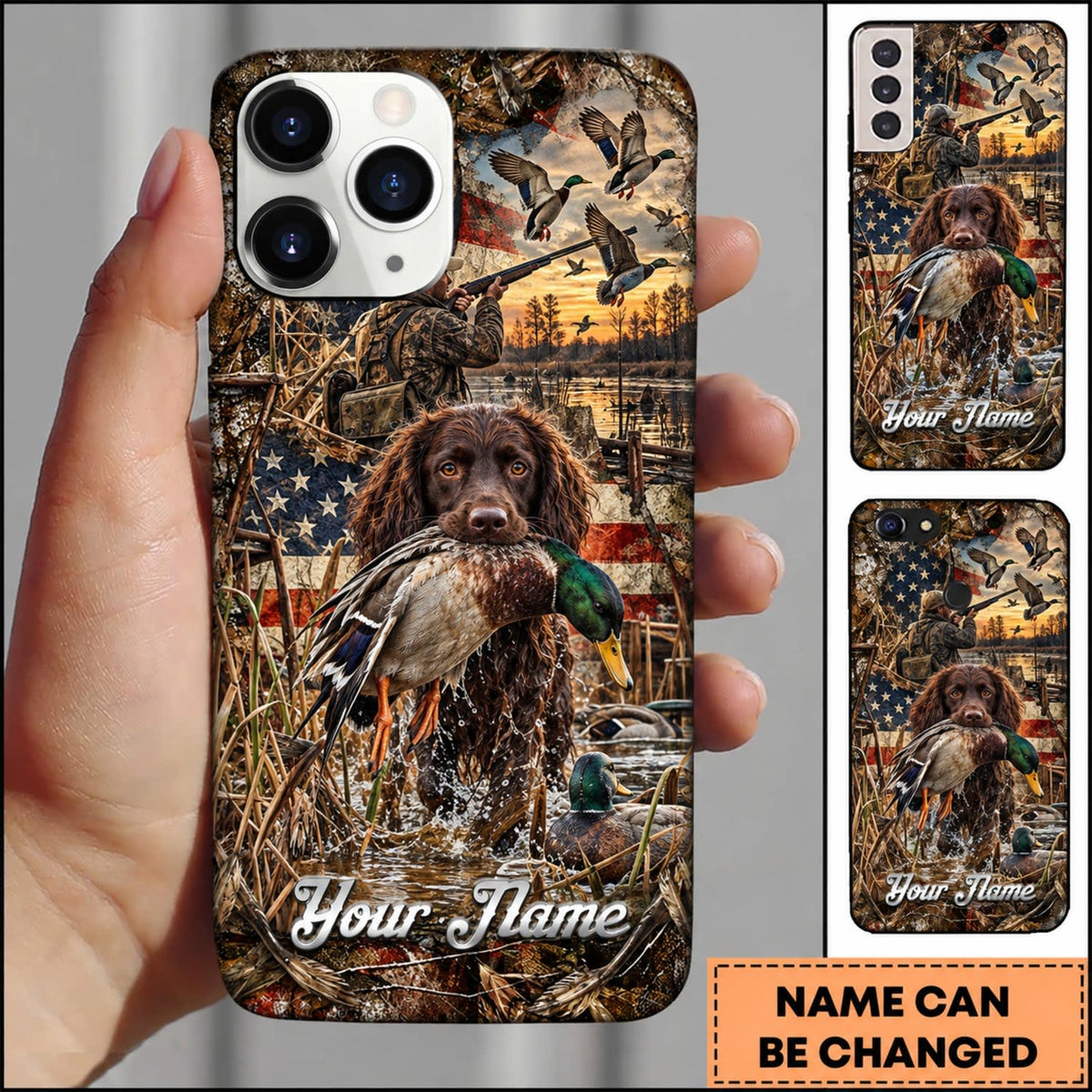 Maxcorners Duck Hunting Yellow Labrador Retriever American Flag Sunset Personalized Name 3D Phone Case - Boykin Spaniel
