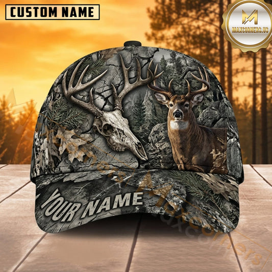 Maxcorners Deer Hunting Whitetail Buck Gray Bark Buck and Skull Camo Customized Name 3D Cap