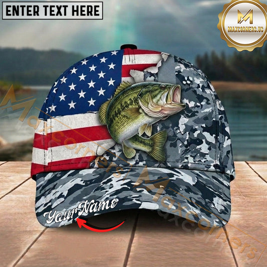 Maxcorners Fishing Patriotic Gray Camo Personalized Name 3D Cap (12 Fish Species)
