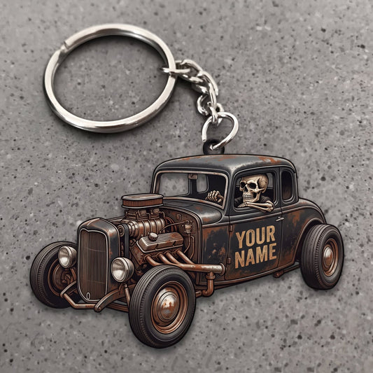 Maxcorners Hot Rod Rusty Brown Vintage Coupe with Skull Driver and Rat Rod Style Personalized Name 3D Keychain And Ornament