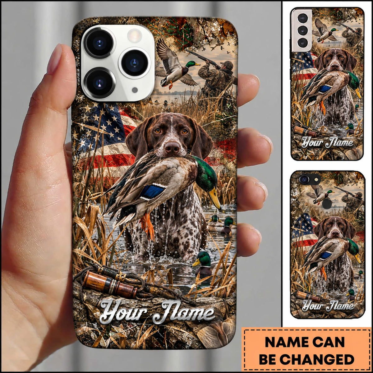Maxcorners Duck Hunting Yellow Labrador Retriever American Flag Sunset Personalized Name 3D Phone Case - German Shorthaired Pointer