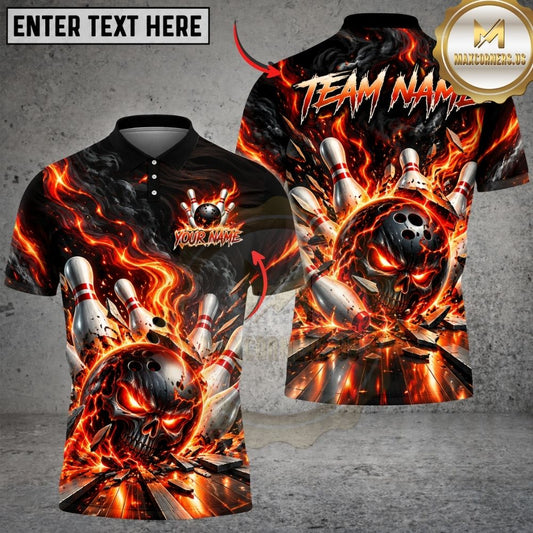 Maxcorners Bowling Demonic Skull Burning Fire Sparks Pins Strike Artwork Multicolor Customized Name, Team Name 3D Shirts