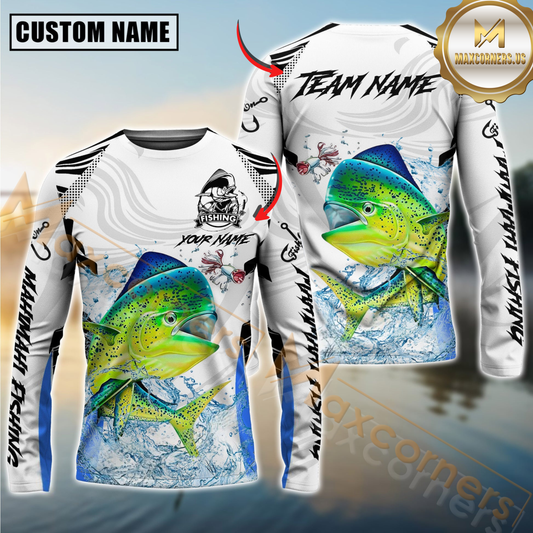 Maxcorners Mahi-Mahi Fishing White Black Curve Pattern Design Custom Name & Team Name 3D Shirts