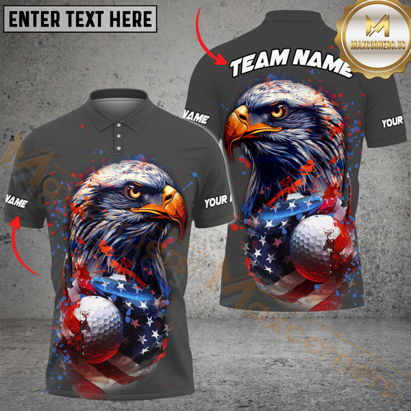 Maxcorners Golf American Flag Eagle Paint Pattern Multicolor Customized Name, Team Name 3D Shirts